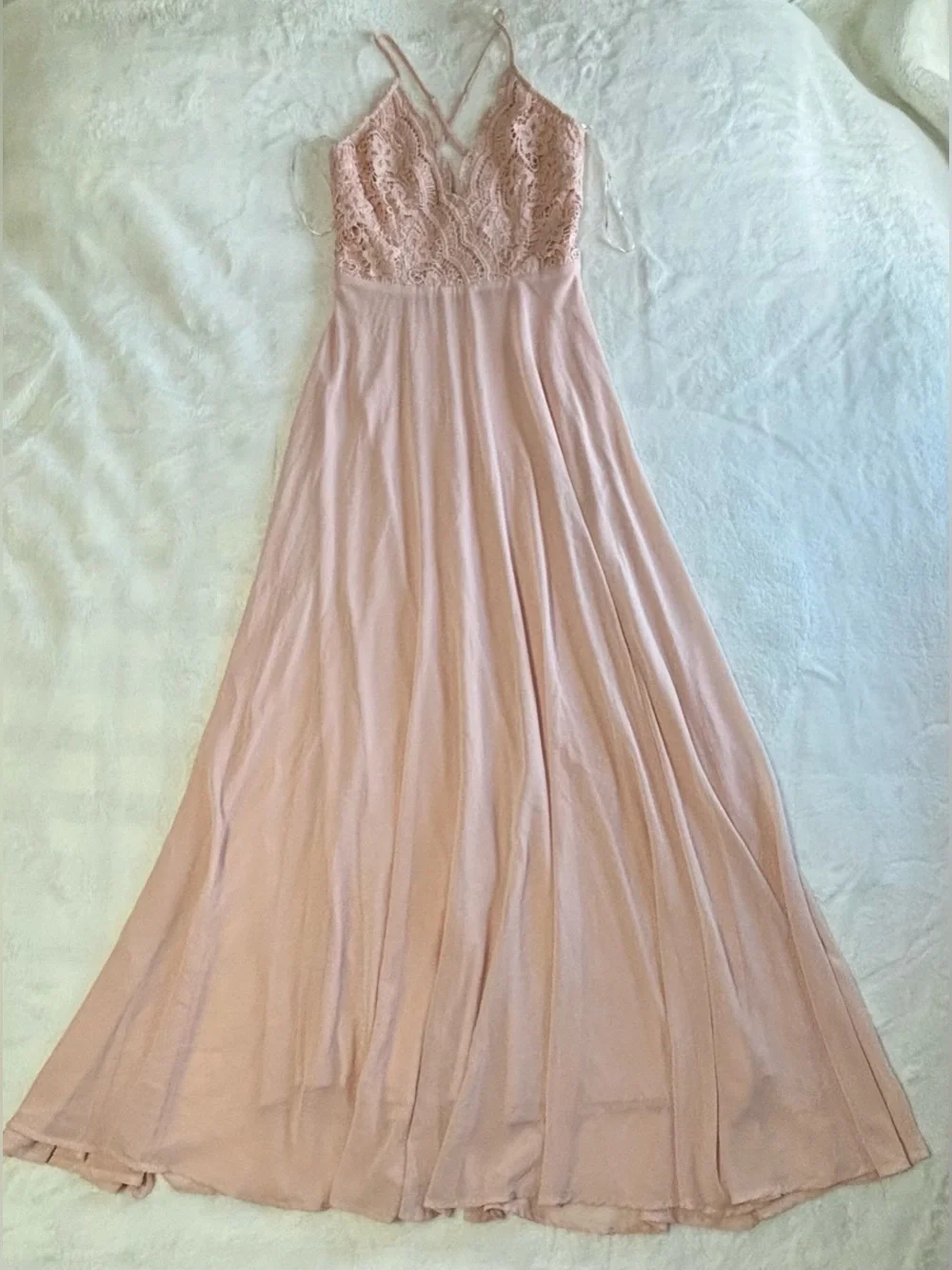 Lulus Madalyn Blush Lace Maxi Dress Zipper Back Adjustable Straps Medium EUC - Picture 9 of 16